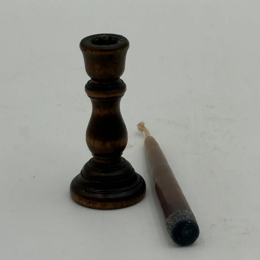 Vintage Miniature Wood Candlestick Holder with Taper Candle Rustic Home Decor